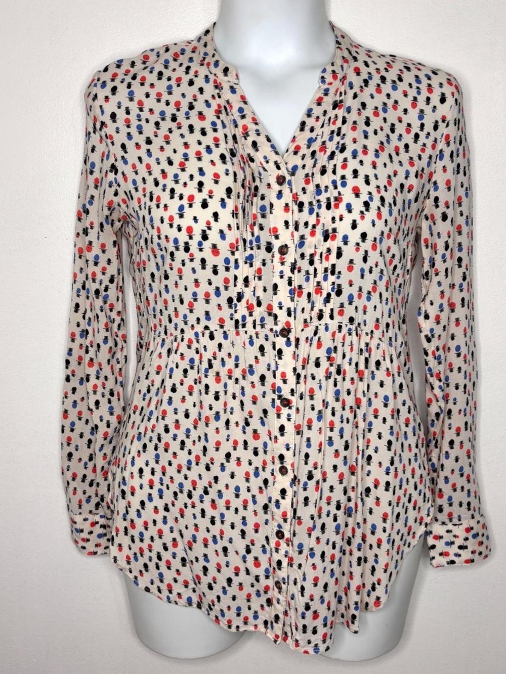 Maeve Cream Button-Front Blouse with Red & Blue Dot Print